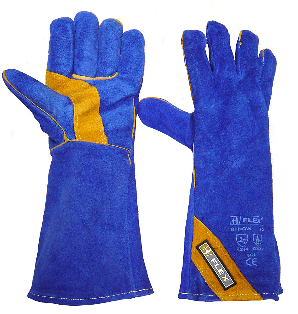 (LL) Blue & Gold Welders Gauntlet Gloves High Temperature Handling Double Palm Pair
