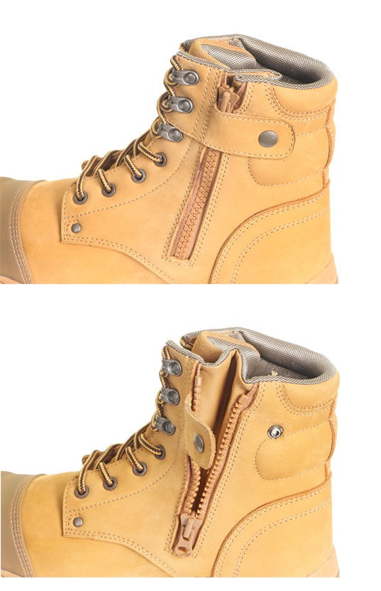 Tan Nubuck Leather High Leg Safety Work Boots Zip Sided Waterproof CF68 S3 6-12