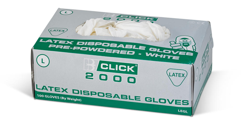 Click 2000 Latex Powdered Disposable Gloves 100 Pack Small - XL EN455-1