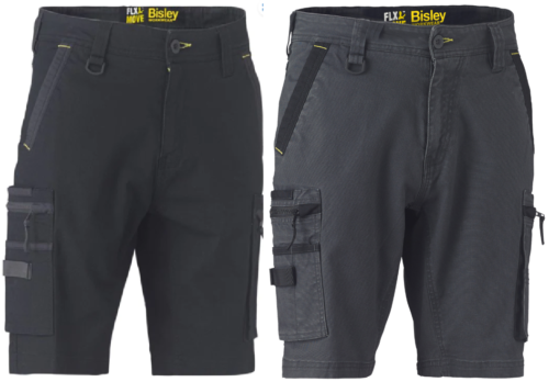 Bisley Flx & Move Stretch Utility Zip Cargo Shorts Black or Grey 30" > 40"