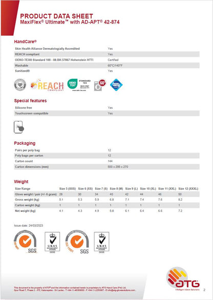 ATG Maxiflex Ultimate Gloves,42-874, AdApt Technology, Size: S-XL 5 Pair Pack