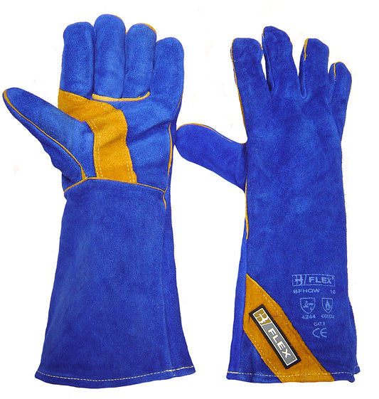 (LL) Blue & Gold Welders Gauntlet Gloves High Temperature Handling Double Palm Pair