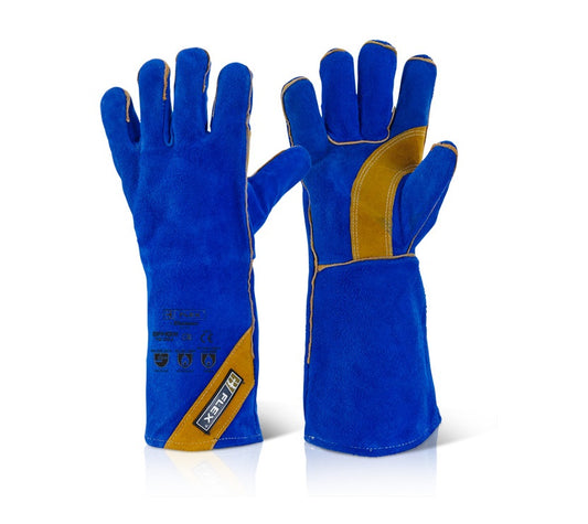 Blue & Gold Welders Gauntlet Gloves High Temperature Handling Double Palm