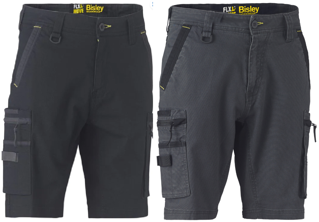 Bisley Flx & Move Stretch Utility Zip Cargo Shorts Black or Grey 30" > 40"