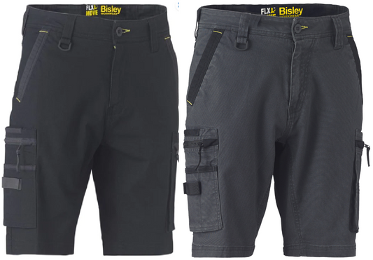 Bisley Flx & Move Stretch Utility Zip Cargo Shorts Black or Grey 30" > 40"