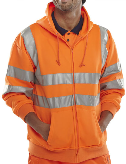 Be Seen Hi High Viz Hoodie Hooded Sweatshirt Full Zip EN20471 Orange Yellow
