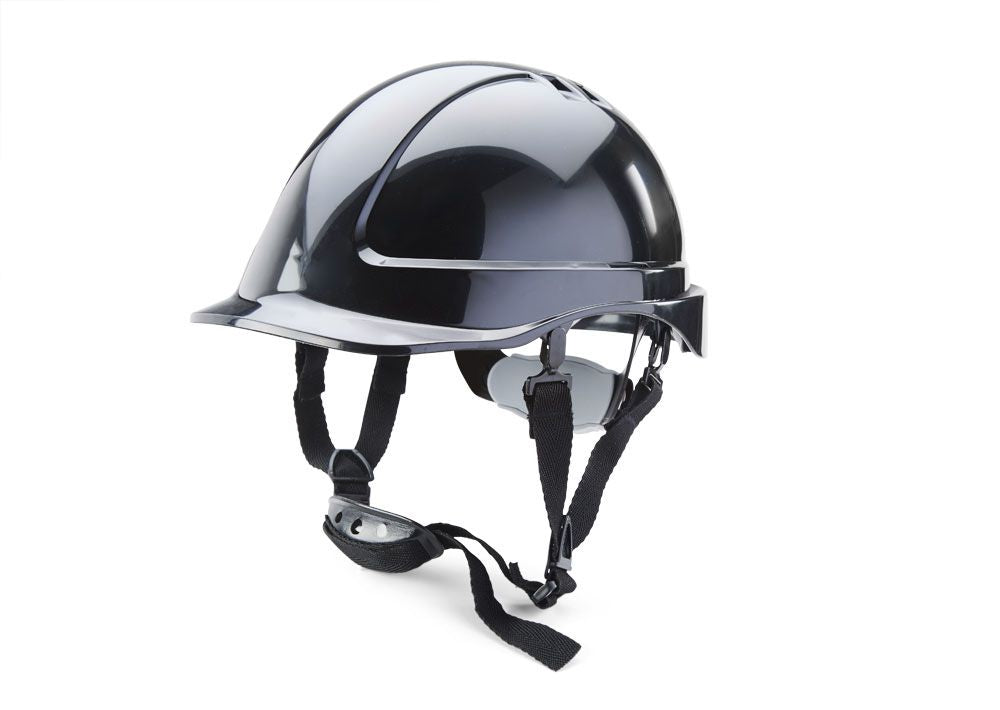 Vented Safety Helmet Reduced Peak Black White Hard Hat Chinstrap Sweatband
