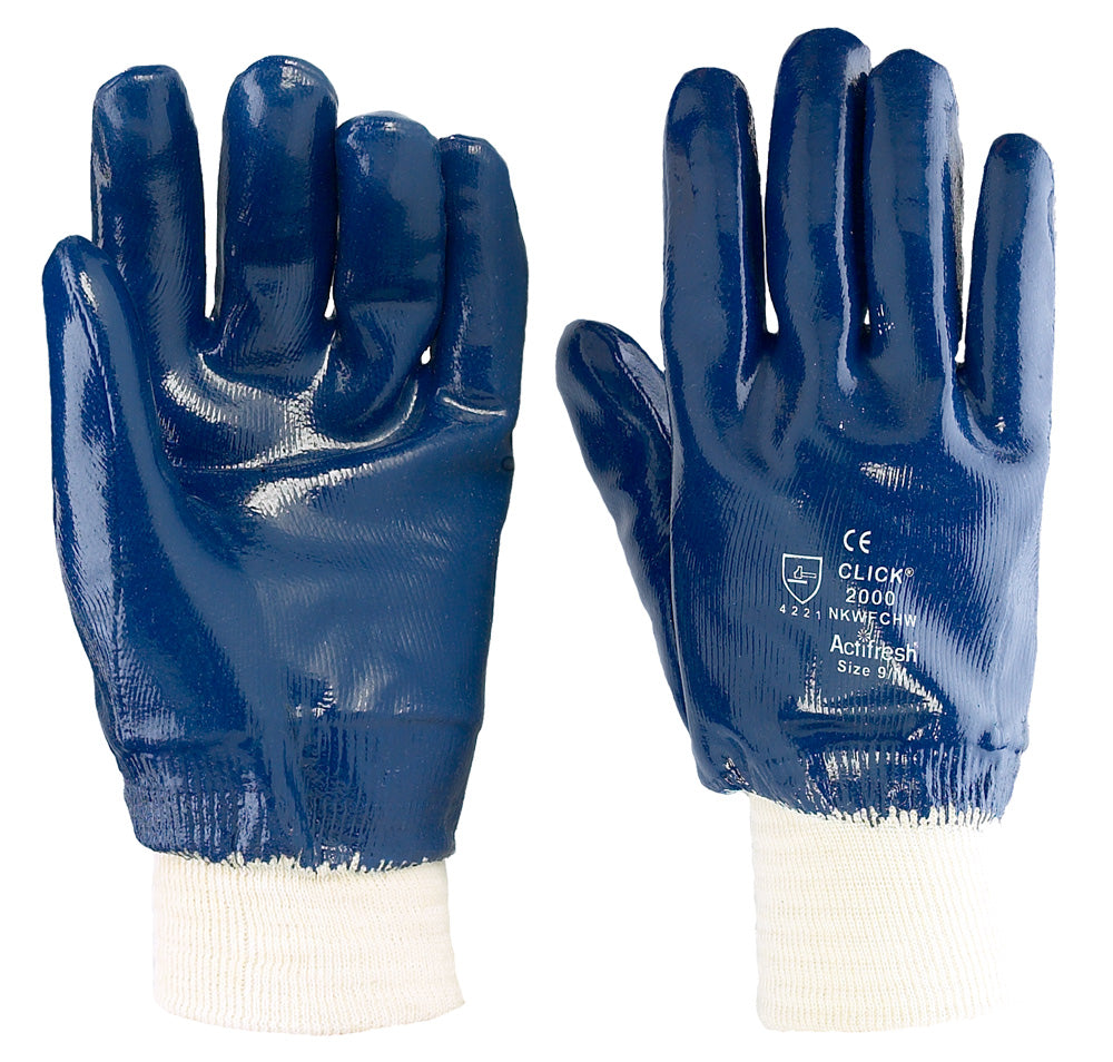 Click Blue Nitrile Heavy Duty Work Gloves 10 Pair Pack Knit Wrist Size 10 XL