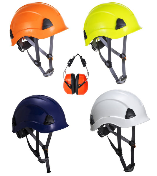 Portwest PS53 Helmet and PS47 Clip on Ear Defenders 4 Colour Short Peak Climbing