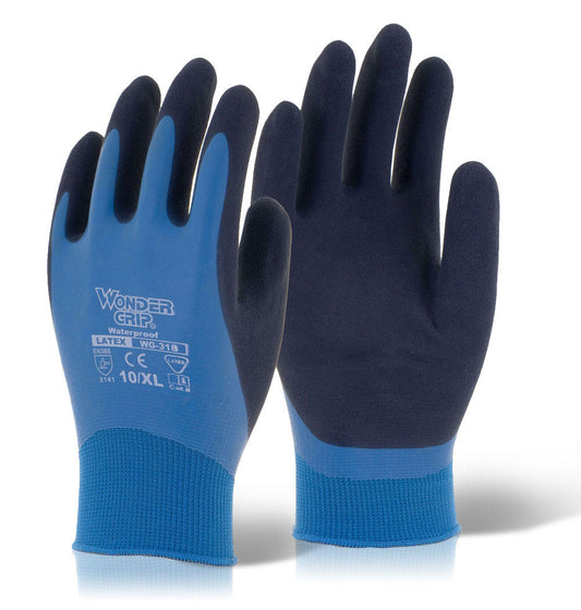 Wondergrip Aqua Fully Coated Latex Gloves One Pair Blue WG318 Waterproof EN388