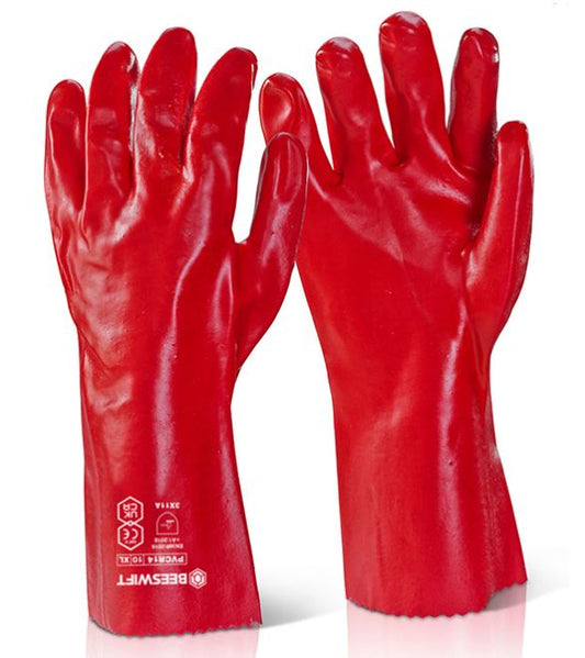 Red PVC Gauntlet 14" Waterproof Glove Hard Wearing Size 10 XL Pair